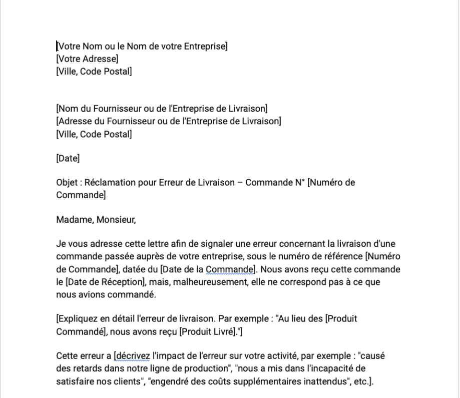 Lettre de réclamation pour une erreur de livraison