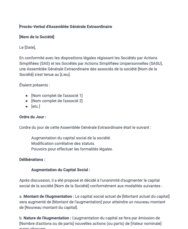 Procès-verbal d'augmentation du capital (SAS, SASU)