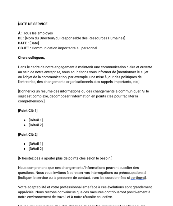 Note de service pour communication au personnel