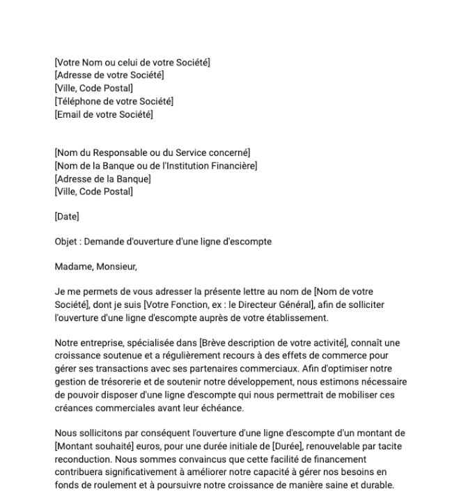 Lettre de demande d'ouverture d'une ligne d'escompte par une entreprise