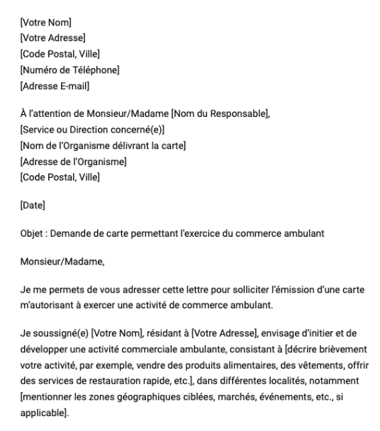 Lettre de demande de carte autorisant l'exercice du commerce ambulant