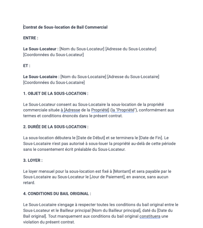 Contrat de sous-location de bail commercial