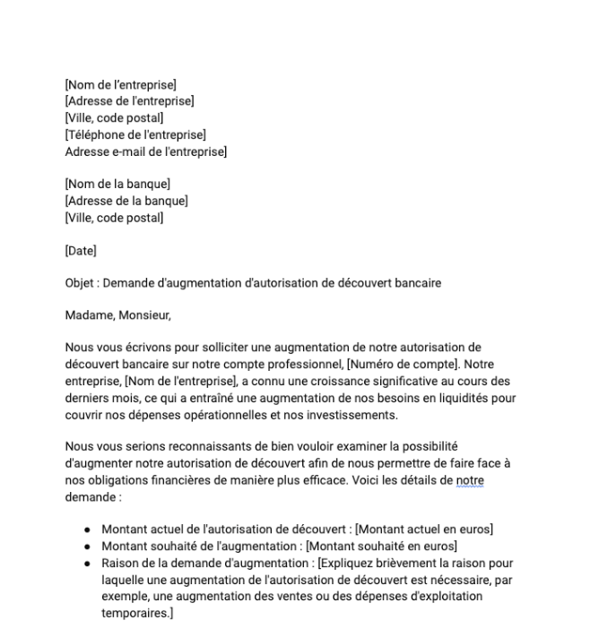 Lettre de demande d'augmentation d'une autorisation de découvert bancaire par une entreprise