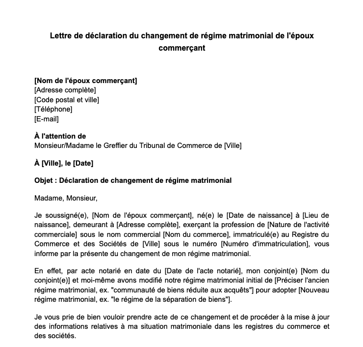 Lettre de déclaration du changement de régime matrimonial de l'époux commerçant