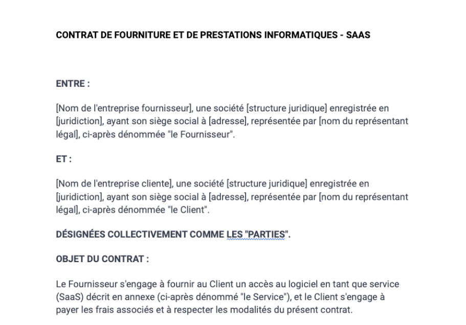 Contrat de fourniture et de prestations informatiques ("Saas")