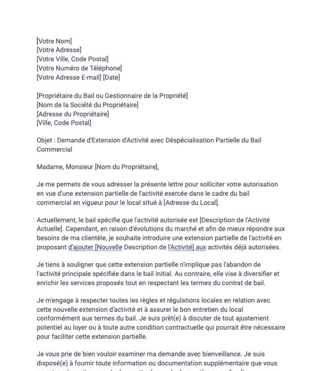 Lettre d'extension de l'activité d'un bail commercial (déspécialisation partielle)