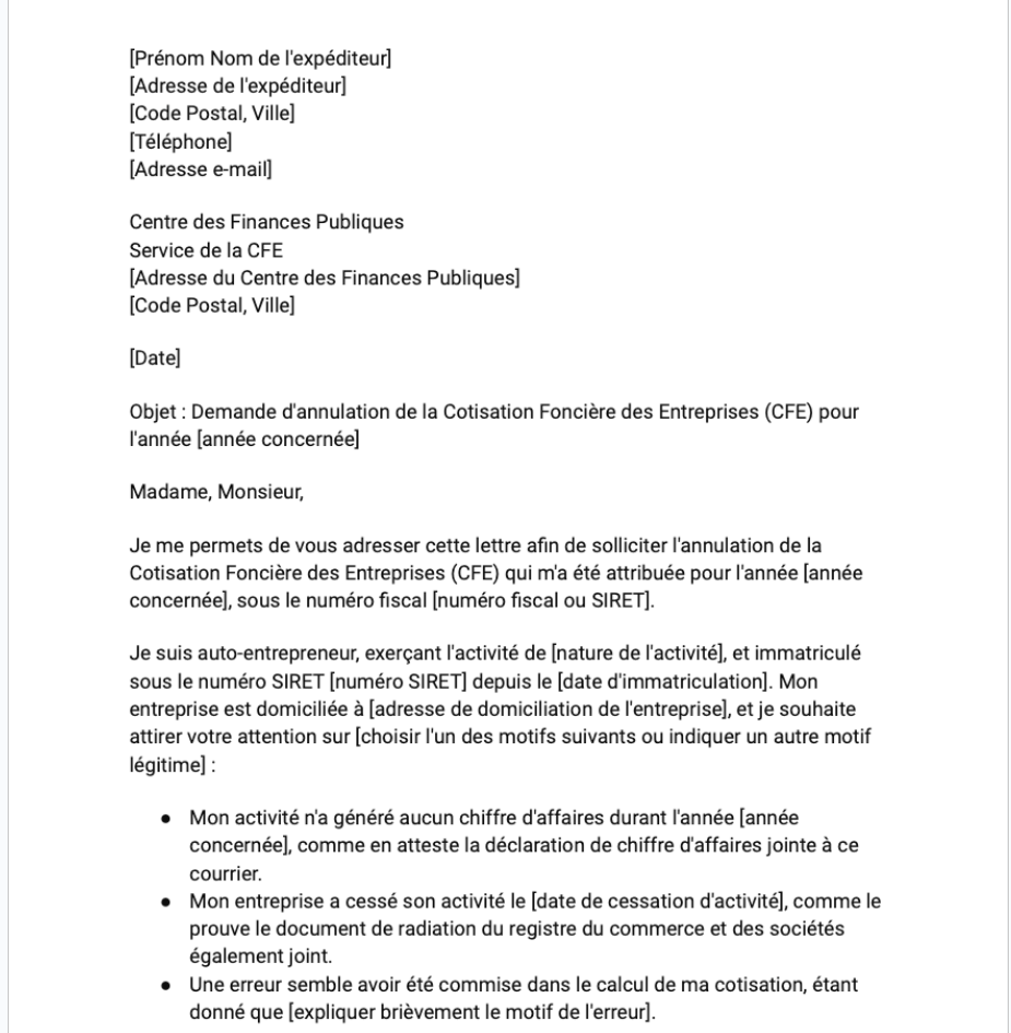 Lettre de demande d'annulation de la cotisation foncière des entreprises par un auto-entrepreneur