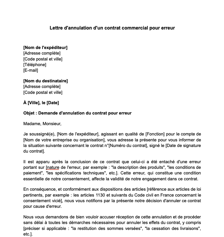 Lettre d'annulation d'un contrat commercial pour erreur