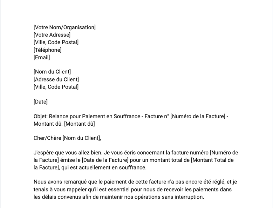 Lettre de relance pour une facture impayée