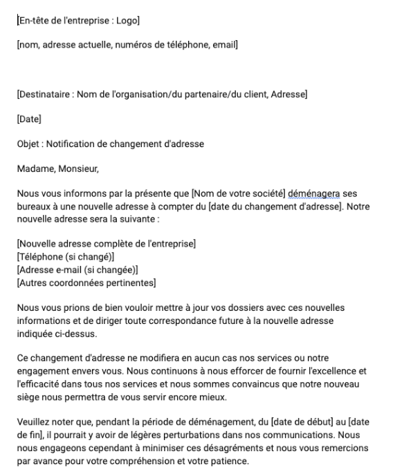 Lettre de notification de changement d'adresse de société