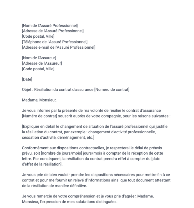 Lettre de résiliation d'un contrat d'assurance suite à un changement de situation de l'assuré professionnel