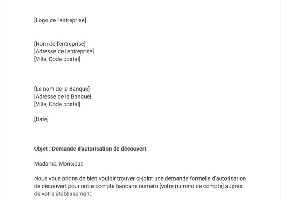 Demande d'autorisation de découvert pour entreprise