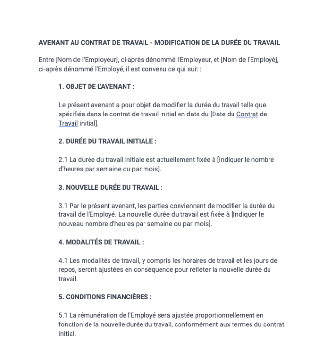 Avenant au contrat de travail - durée du travail
