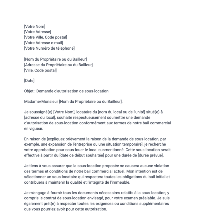 Lettre de demande d'autorisation de sous-location (bail commercial)