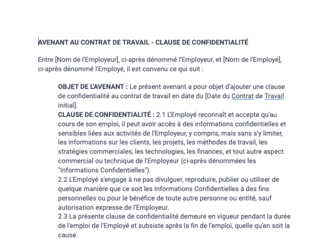 Avenant au contrat de travail - clause de confidentialité