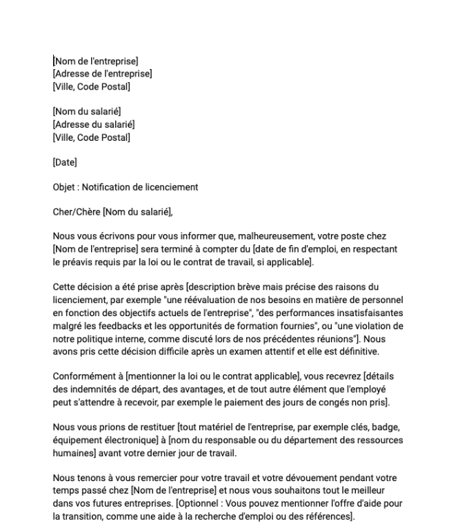 Lettre de licenciement ( cas général)