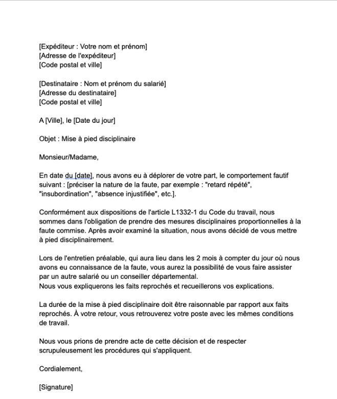 Lettre de mise à pied disciplinaire