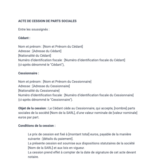 Acte de cession de parts sociales (SARL)