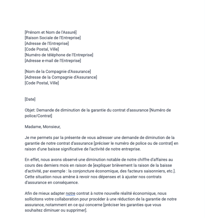 Lettre de demande de diminution de la garantie à l'assureur en raison de la baisse d'activité d'une entreprise
