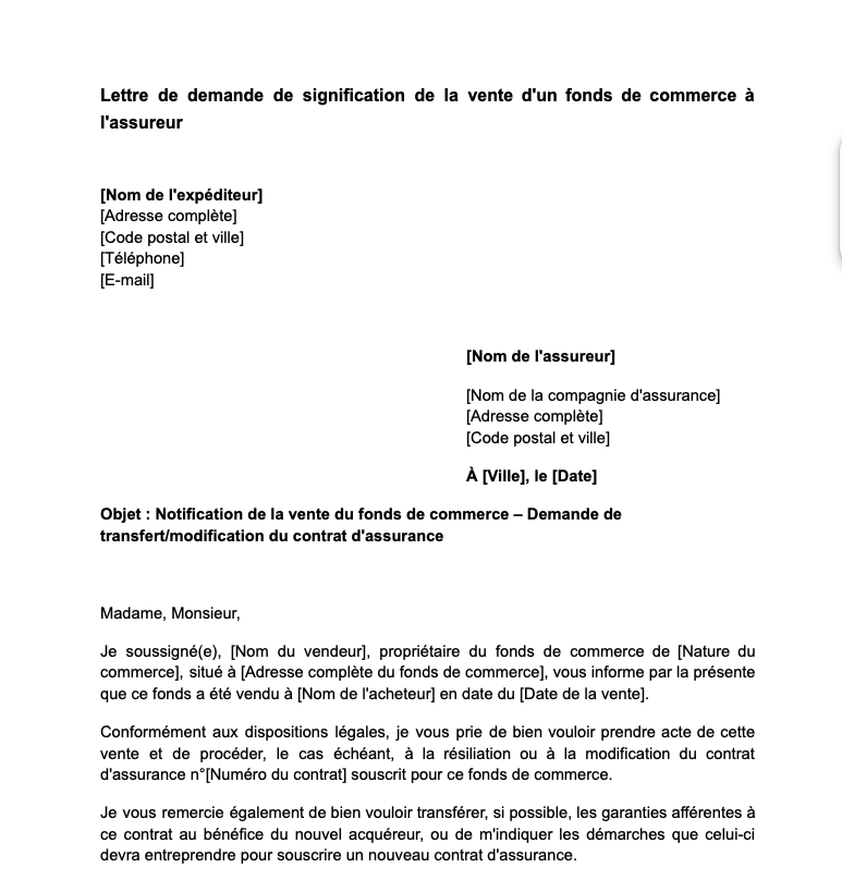 Lettre de demande de signification de la vente d'un fonds de commerce à l'assureur