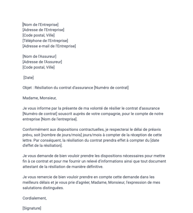 Lettre de résiliation d'un contrat d'assurance par une entreprise