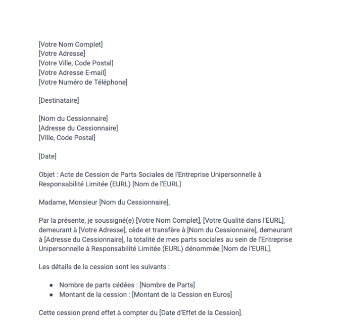 Acte de cession de parts sociales (EURL)