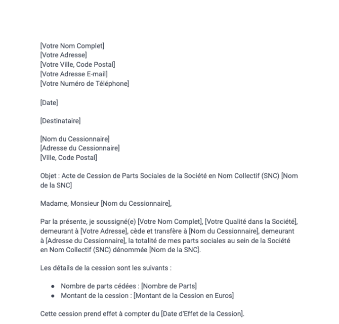Acte de cession de parts sociales (SNC)