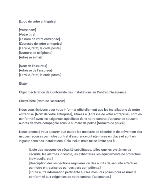 Lettre de déclaration de conformité des installations d'une entreprise au contrat d'assurance