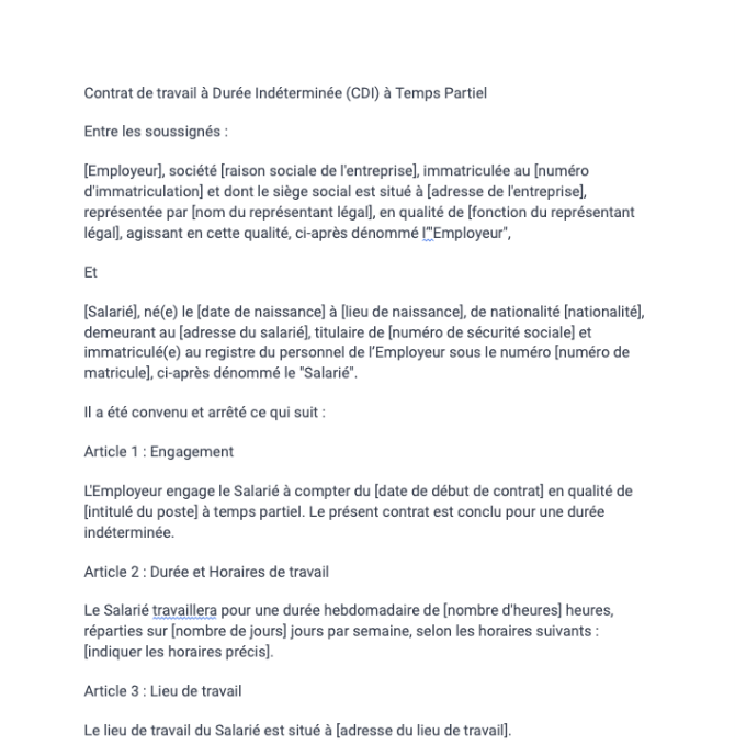 Contrat de travail CDI à temps partiel