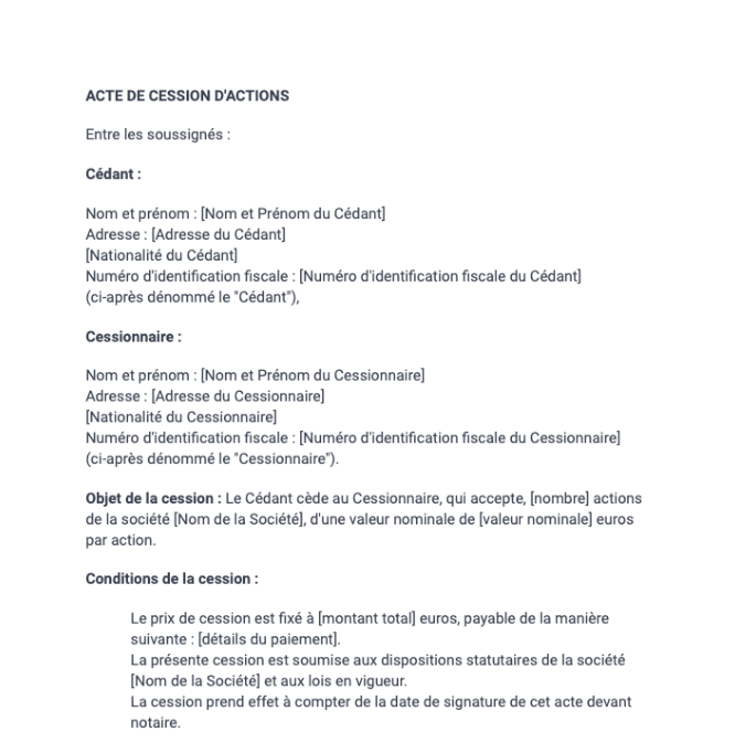 Acte de cession d'actions