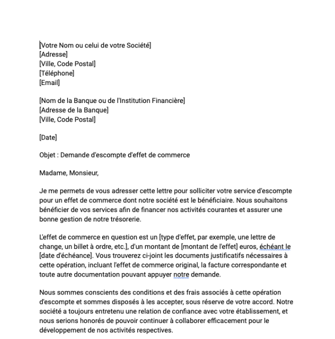 Lettre de demande d’escompte pour un effet de commerce