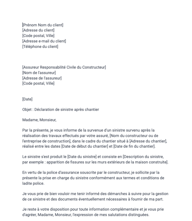 Lettre de déclaration de sinistre après chantier