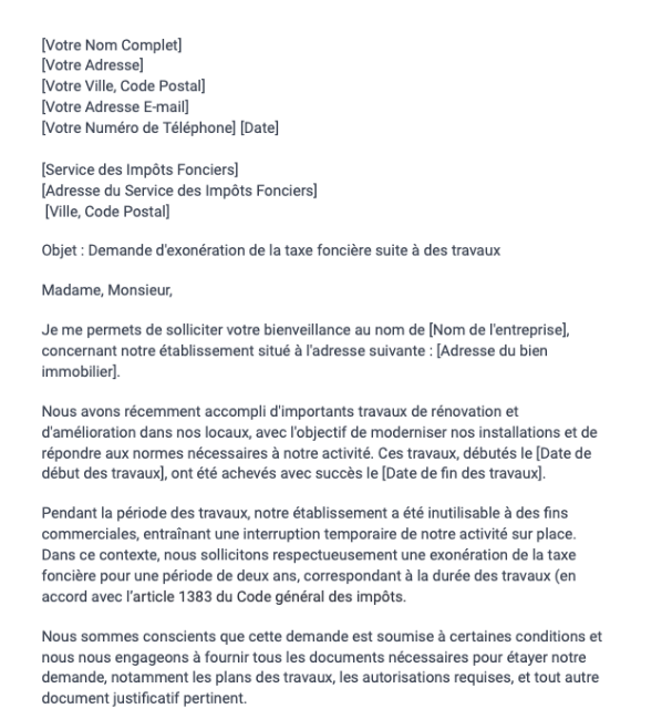 Demande d'exonération de la taxe foncière suite à des travaux