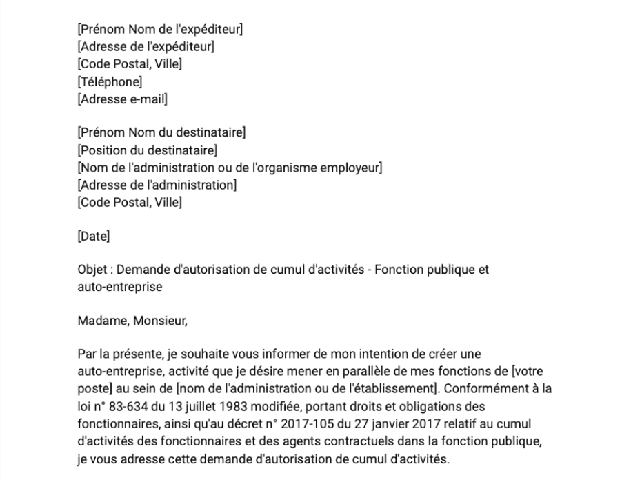 Lettre pour une demande de cumul des statuts de fonctionnaire et d'auto-entrepreneur