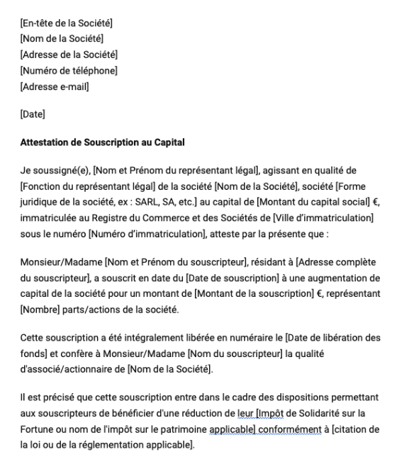 Modèle d'attestation isf lors d'une souscription au capital d'une société pour déduction ISF