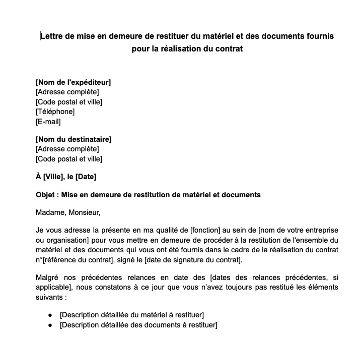 Lettre de mise en demeure de restituer du matériel et des documents fournis pour la réalisation du contrat