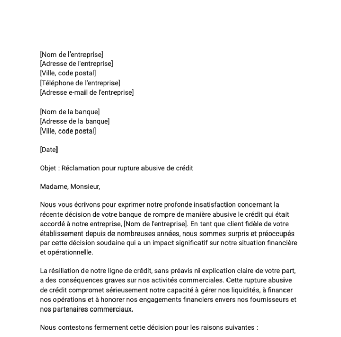 Lettre de réclamation au banquier pour rupture abusive de crédit pour une entreprise