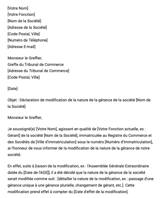 Lettre de déclaration de modification de la nature de la gérance d'une SARL