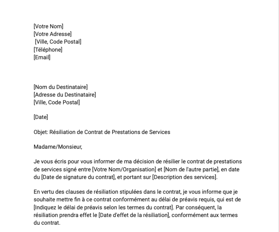 Lettre de résiliation d'un contrat de prestations de services