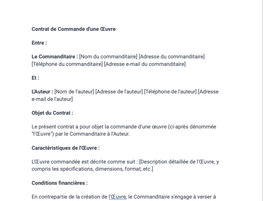 Contrat de commande d'une création