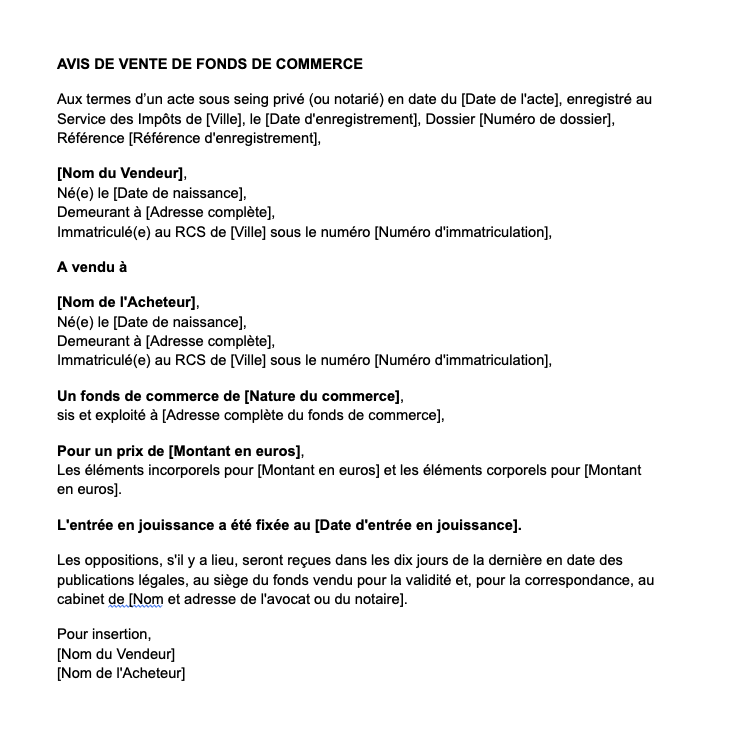 Avis de vente de fonds de commerce