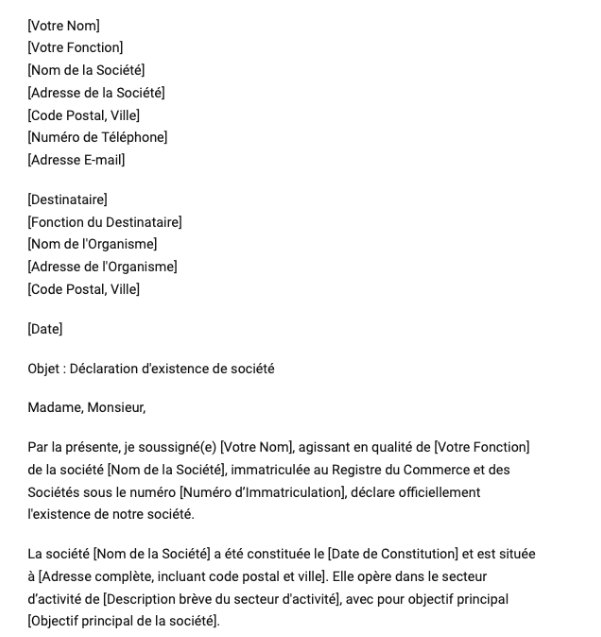 Lettre de déclaration d'existence d'une société