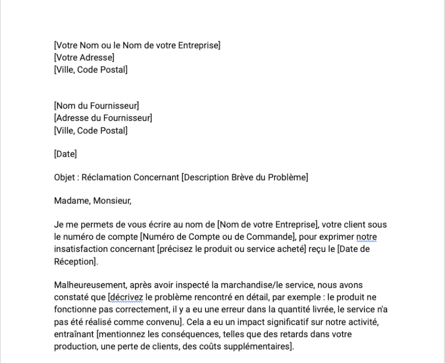 Lettre de réclamation à un fournisseur