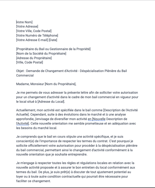Lettre de demande de changement d'activité d'un bail commercial (déspécialisation plénière)