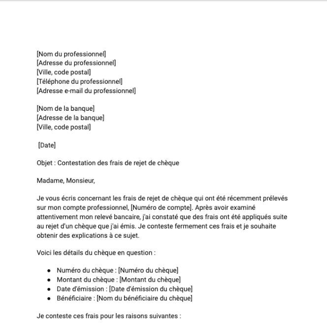 Lettre de contestation des frais de rejet d'un chèque par la banque