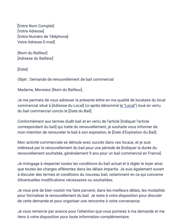 Lettre de demande de renouvellement de bail commercial par le locataire