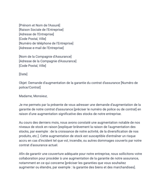 Lettre de demande d'augmentation de la garantie à l'assureur en raison de l'augmentation des stocks de l'entreprise