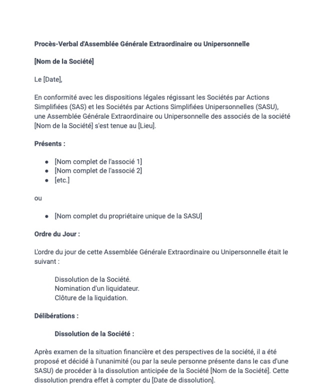 Procès-verbal de dissolution (SAS, SASU)