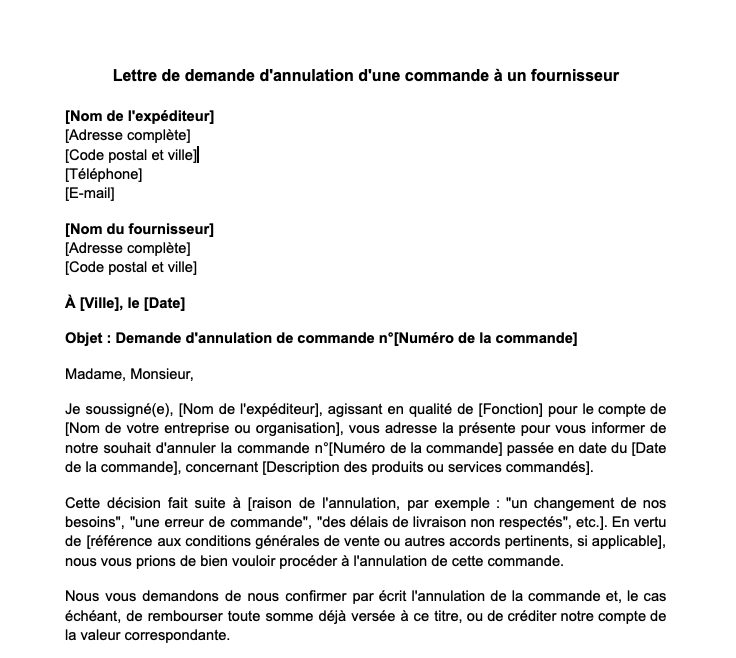 Lettre de demande d'annulation d'une commande à un fournisseur