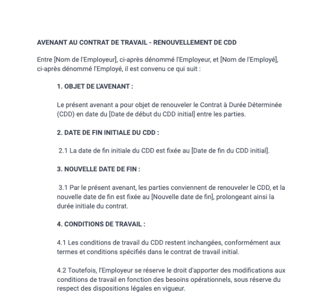 Avenant au contrat de travail - renouvellement d'un CDD